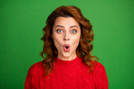 Portrait of astonished woman look good incredible sales discount wear warm pullover isolated over...