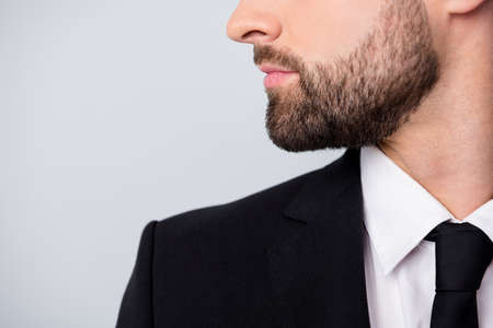 Profile side close up cropped photo of handsome agent man ready, partnership meeting visit barbershop salon skin care stubble procedure wear white shirt isolated grey color backgroundの写真素材