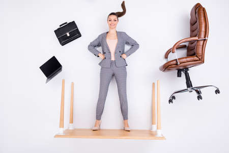Top above high view vertical full length photo cool agent girl stand desk flat lay ready decide...