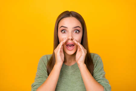 Attention wonderful ads. Astonished cute sweet girl hold hand lips share incredible sales discount...