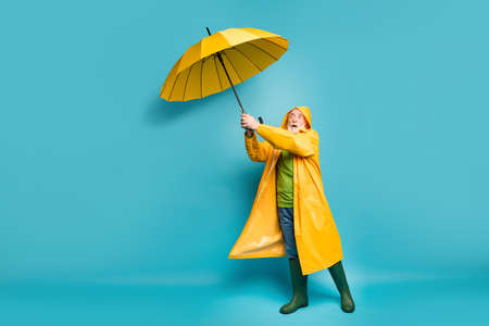 Full length body size view of his he nice weak grey-haired man wearing, yellow plastic topcoat struggling disaster bad cold weather cyclone isolated on bright vivid shine vibrant blue color backgroundの写真素材