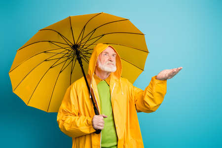 Portrait of his he dissatisfied grey-haired man wearing yellow overcoat holding rainy drop on palm waiting expecting forecast change isolated over bright vivid shine vibrant blue color backgroundの写真素材