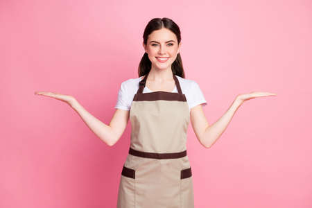 Portrait of her she nice-looking attractive lovely pretty cheerful cheery girl maid houseworker...