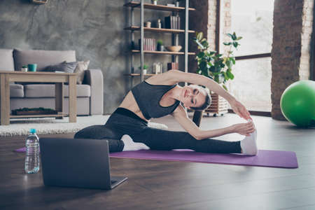 Full size photo of focused athlete energy beautiful slim slender girl watch laptop yoga workout...
