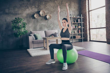 Full length photo of beautiful lady quarantine hobby training stay home record video blog dynamic practicing house fitness doing sit-ups on fit ball raise arms for balance room gym indoorsの写真素材