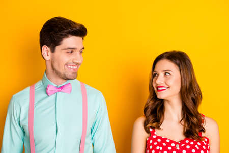 Photo beautiful pretty lady handsome guy toothy smiling look eyes prom couple wear red dotted dress...