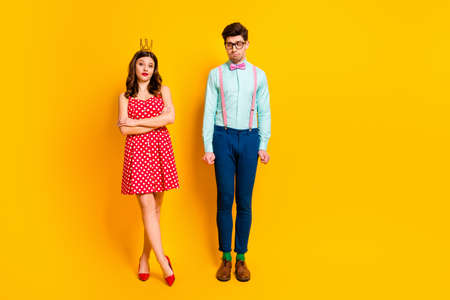 Full length photo two people prom party queen girl geek guy shy want dance arrogant lady cross hands wear red dress short mini high heels suspenders shirt isolated bright shine color backgroundの写真素材