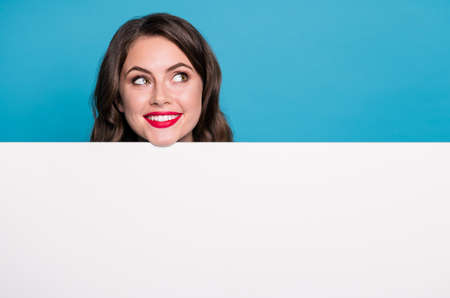 Closeup photo of pretty funny lady read empty advertisement banner novelty placard positive cheerful...