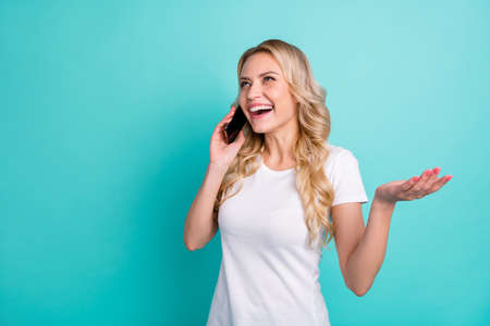 Photo of content girl enjoy weekend holiday call friend smartphone have funny fun talk wear good...