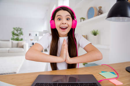 Closeup photo of little pretty pupil school lady talk skype notebook online lesson video call use...
