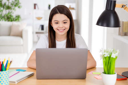 Photo of little pretty pupil small school lady speak listen notebook online lesson video call...
