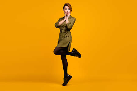 Full length body size view of her she nice attractive lovely charming amazed stunned cheerful cheery...