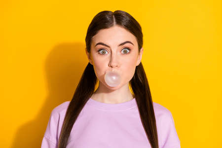 Portrait of funky cute sweet teenager have weekend free time blowing, bubblegum wear good look...