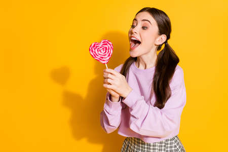 Portrait of positive cheerful teen girl want snack try bite heart shape, candy wear good look...