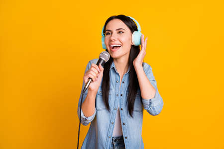 Close-up portrait of her she nice attractive pretty lovely cheerful cheery girl singing different...