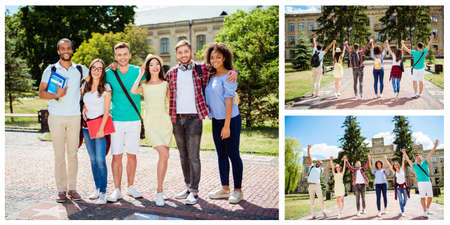 Photo collage of cheerful clever multicultural multinational glad positive handsome attractive satisfied students walking near main campus togetherの写真素材