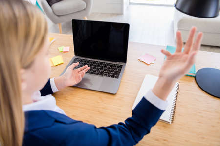 Back rear behind cropped photo of little school girl chatting classmates laptop notebook video call...