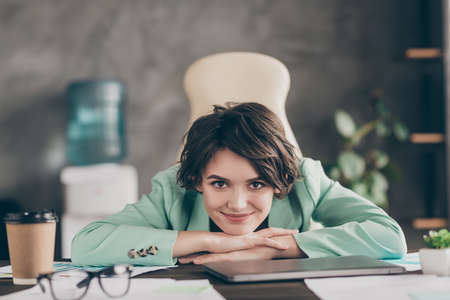 Portrait of cheerful girl enjoy working daily break pause in workplace