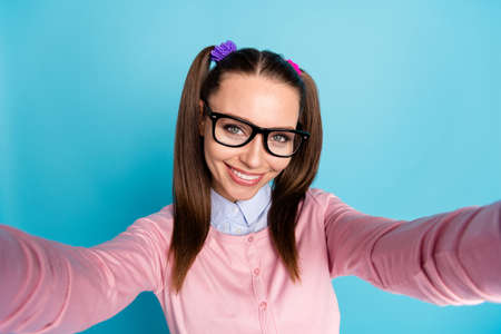 Close up photo of positive cheerful high school girl make selfie enjoy study travel courses abroad...