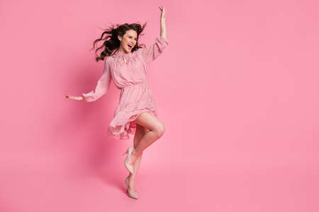 Full length photo of enthusiastic girl lady look good copyspace enjoy rejoice air wind blow haircut...