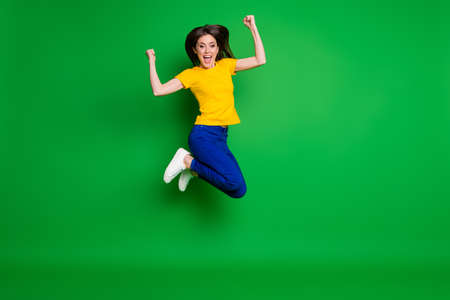 Full length body size view of her she nice attractive funky lucky glad cheerful cheery girl jumping...