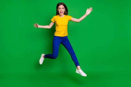 Full length body size view of her she nice attractive pretty funky glad cheerful cheery slim fit...