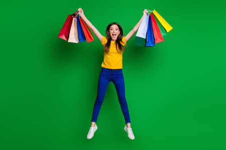 Full length body size view portrait of nice attractive pretty lovely glad crazy cheerful girl...