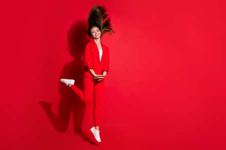 Full size profile photo of attractive lady having fun jumping high up good mood rejoicing vacation...