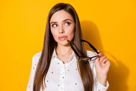 Close-up portrait of her she nice attractive lovely pretty curious minded brown-haired girl making...