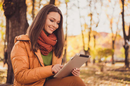 Photo of charming lovely lady smiling sit bench park hold tablet remotely communicate relatives abroad show beautiful autumn wear scarf green turtleneck orange windbreaker pants outdoorsの写真素材