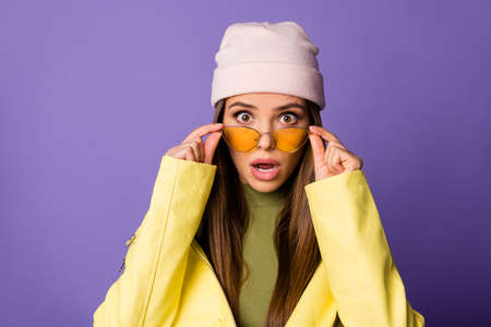 Close-up portrait of her she nice attractive lovely pretty fashionable amazed stunned girl touching...