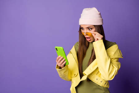 Close-up portrait of her she nice attractive lovely pretty amazed girl using ell browsing web omg...