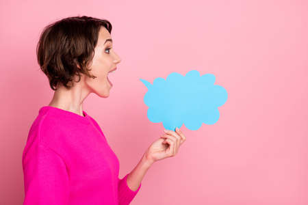 Profile photo of pretty excited funny lady hold mind cloud express creative idea open mouth speaking...