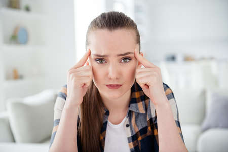 Closeup photo of young worried lady talk video call online internet webcam lesson passing exam think...