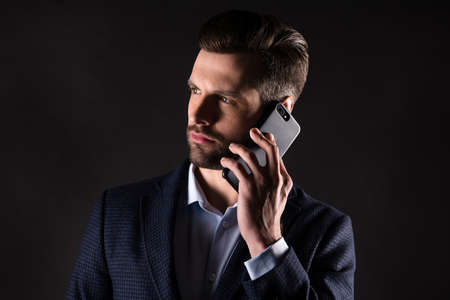 Close-up portrait of his he nice attractive classy chic rich wealthy luxury guy employer calling...
