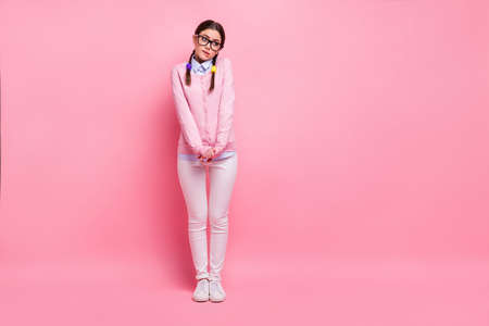 Full length body size view of her she nice attractive pretty cute shy modest brown-haired girl geek...