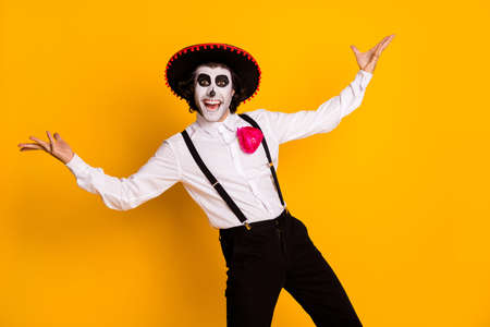Photo of handsome funny man excited open mouth raise hands epic finale latin energetic dance wear...