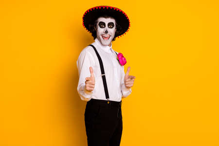 Portrait of his he nice handsome spooky cheerful cheery glad proud guy gentleman mc artist wearing...