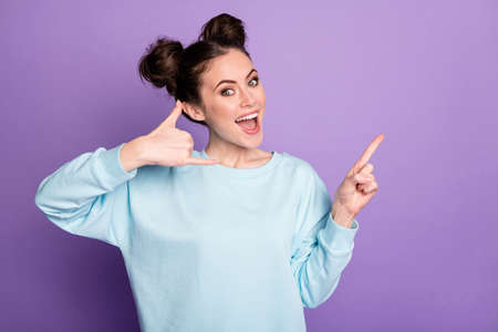Portrait of her she nice-looking attractive lovely cheerful glad girl showing phone symbol call...