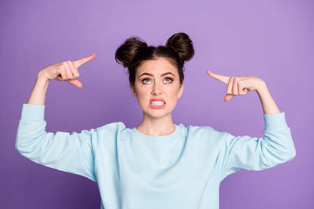 Close-up portrait of her she nice-looking attractive pretty irritated mad unsatisfied girl showing...