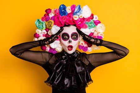 Close-up portrait of her she nice-looking beautiful glamorous amazed lady wearing Santa Muerte look...