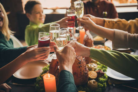 Cheers. Photo of full family meeting sit served table dinner feast hands hold wineglasses drink golden wine stewed fruits father toast multi-generation in evening living room indoorsの写真素材