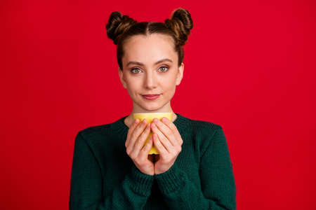 Close-up portrait of her she nice attractive pretty cute lovely charming cheery girl drinking warm...