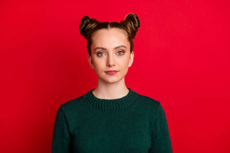 Close-up portrait of her she nice attractive lovely pretty content serious girl employee wearing...