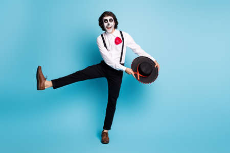 Full length body size view of his he handsome skinny tall cheerful cherry gentleman jumping dancing...