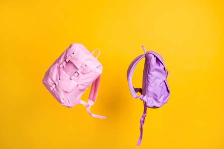 Back to school concept. Couple pair two flying rucksacks thrown by best friends classmates...