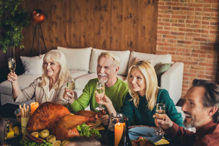 Cheers. Thanks giving family meeting four aged members listen greeting toast drink golden wine raise...