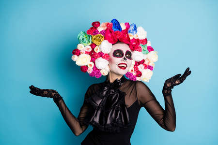 Photo of creepy monster undead creature lady look up sky catch snowflakes unexpected autumn weather...