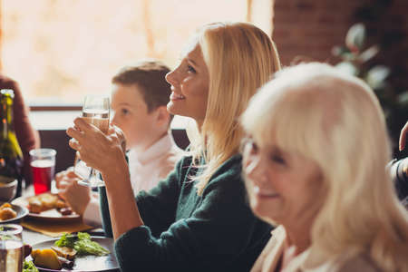 Old beautiful grandmothers communicating relatives listen toasts thanksgiving dinner house living...