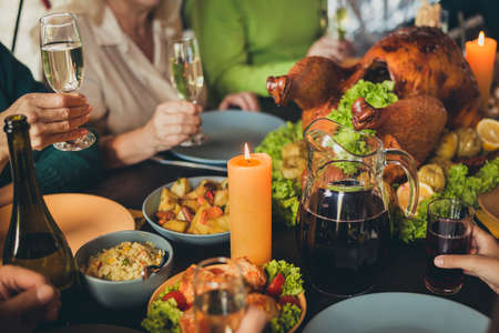 Served table photo thanks giving occasion dinner garnished turkey family generation gathering...